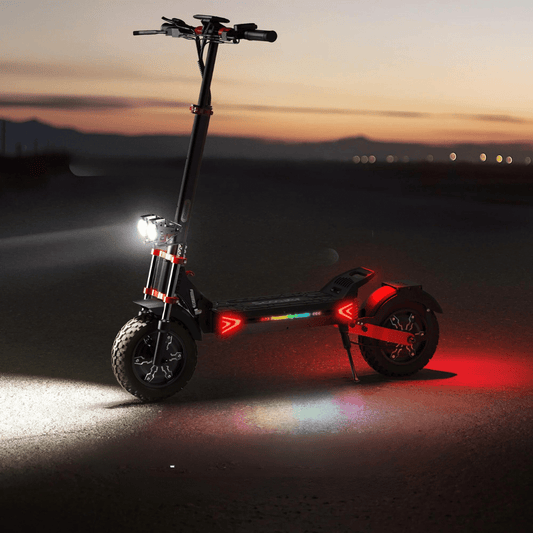 Elsparkcykel iScooter iX8 på väg i solnedgång – kraftfull och miljövänlig eldriven scooter för stad och terräng