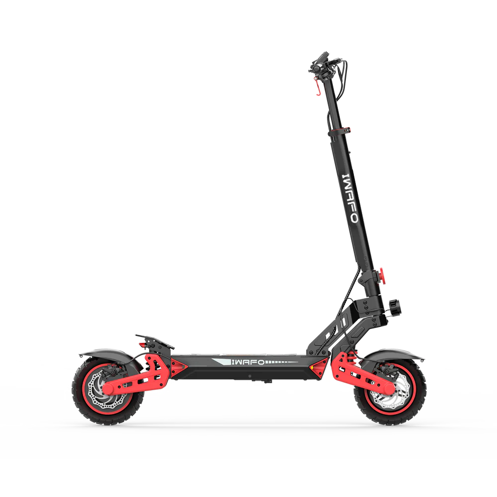 D2 elscooter med 500W motor, svarta detaljer, röda däck – helbild från höger sida
