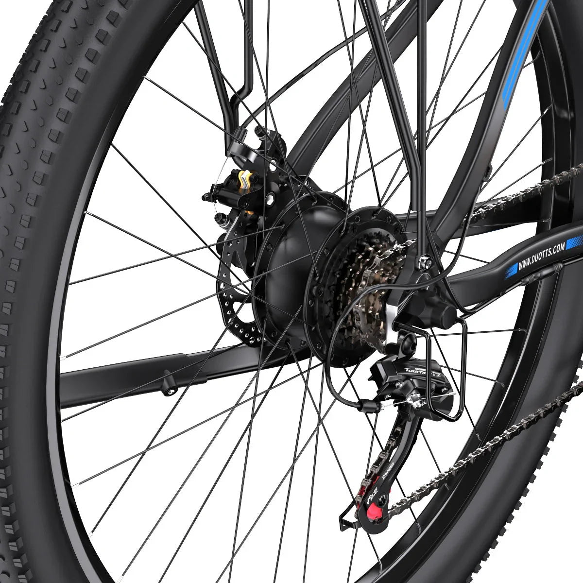 Bakhjul med navmotor, växlar och skivbroms på Duotts C29 Pro elcykel – kraftfull prestanda och exakt växling
