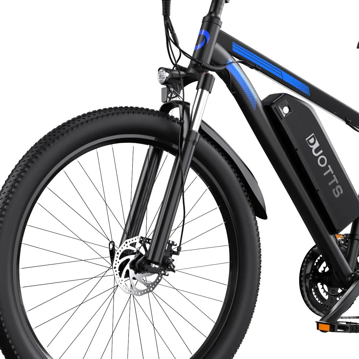 Detaljbild på Duotts C29 Pro elcykel – batteri, främre skivbroms och däckprofil
