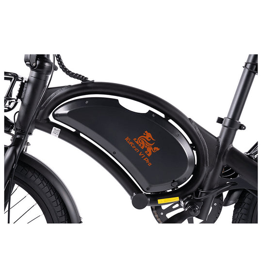 Närbild på KuKirin V1 Pro elcykel – batterihölje med logotyp på den svarta ramen