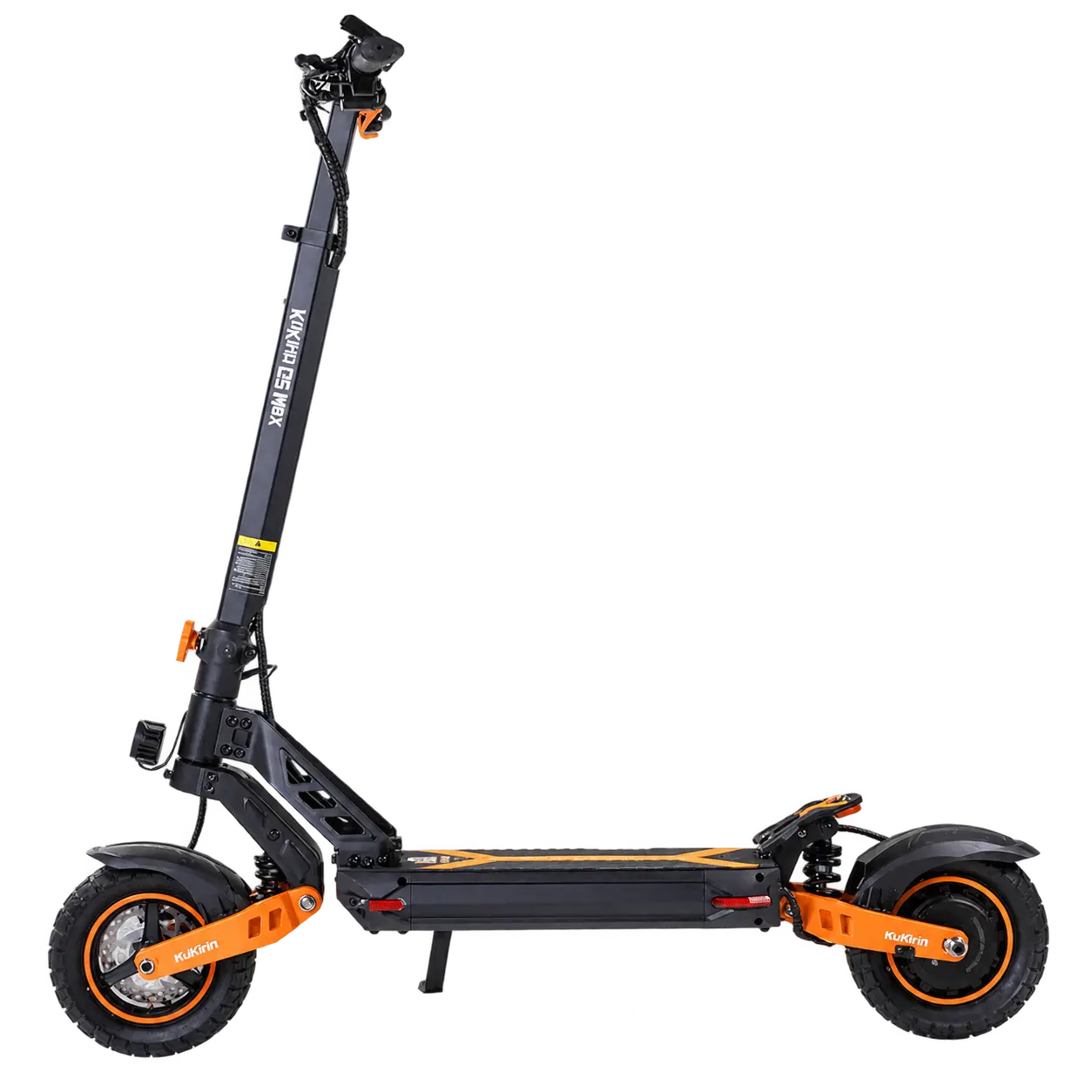 
KuKirin G2 Max elsparkcykel i svart och orange, sedd från sidan.
